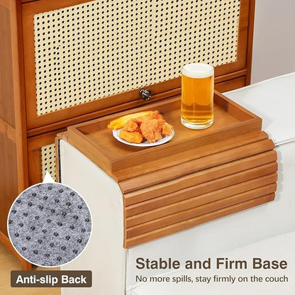 Couch Arm Tray, Bamboo Sofa Tray Table for Couch, Sofa Armrest Table, Anti-Slip Armrest Organizer, Foldable Couch Cup Holder for Snacks, Phone, Control, Cups, Light Brown