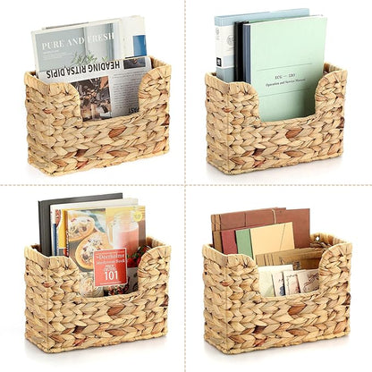 BTSKY Woven Hanging Magazine Holder, Water Hyacinth Magazine Basket, Wall Mounted Storage Basket for Books & Files, Wall File Organizer Magazine Rack with Handle for Home & Office - 11.8x4.3x7.9 Inch