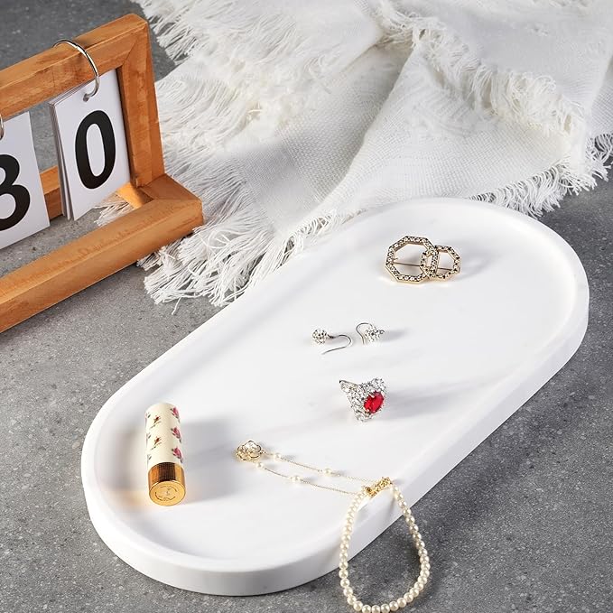 Koville 12"x6" Elegant White Marble Bathroom Tray, Natural Marble Vanity Trays for Home Decor, Stone Perfume Organizer Jewelry Dish for Dresser, Luxury Vanity Tray, Stone Storage Trays