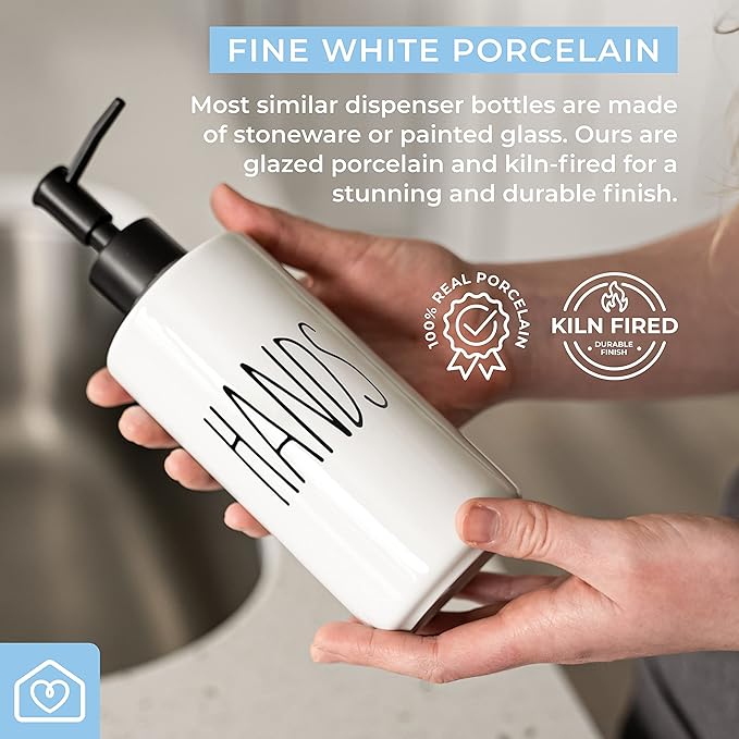 Heartland Home Porcelain 16oz Empty Liquid Dispenser Bottle for Hands. Hand Soap Dispenser for Bathroom, Hand Lotion Bottle, Lotion Pump Dispenser or Hand Sanitizer Pump for Hand Sanitizer Refill.