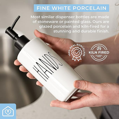 Heartland Home Porcelain 16oz Empty Liquid Dispenser Bottle for Hands. Hand Soap Dispenser for Bathroom, Hand Lotion Bottle, Lotion Pump Dispenser or Hand Sanitizer Pump for Hand Sanitizer Refill.