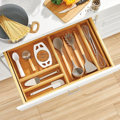 mDesign Slim Wooden Bamboo Drawer Organizer - 15" Long Stackable Storage Box Tray for Kitchen Drawers/Cabinet - Utensil, Silverware, Spatula, Flatware Holder - Echo Collection, 2 Pack, Natural Wood