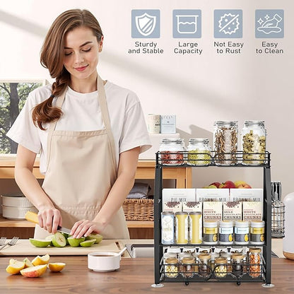 Spice Rack Organizer for Cabinet, 3 Tier Black Countertop Organizer Small Spice Rack, Kitchen Spice Shelf Organizer for Cabinet, Pantry, Bathroom, Bedroom, Coffee Station