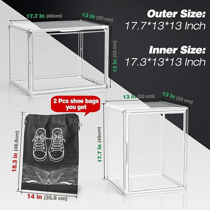 Extra XXX-Large Acrylic Display Case 17.3''x13''x13'' Super Large Figures Collectibles Helmet Showcase Tall Boot Shoe Boxes Clear Stackable Huge Storage Box with Magnetic Lid, 1 Pack with 2 Shoe Bags