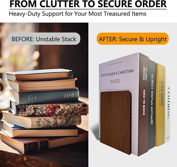 Walnut Wood Book Ends for Shelves - Hand Polished Edges, Non-Skid Bookends for Heavy Duty Book Holders Office Desk Shelves Decorative Book Organizer, 6.69"H x 4.72"W x 3.94"L (1 Pairs)