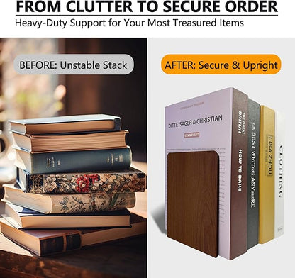 Walnut Wood Book Ends for Shelves - Hand Polished Edges, Non-Skid Bookends for Heavy Duty Book Holders Office Desk Shelves Decorative Book Organizer, 6.69"H x 4.72"W x 3.94"L (1 Pairs)