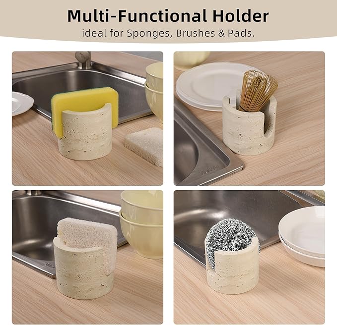 Xanavydran Marble Travertine Sponge Holder for Kitchen Counter,Beige Natural Stone Dish Drying Rack for Countertop,Marble Kitchen Accessories