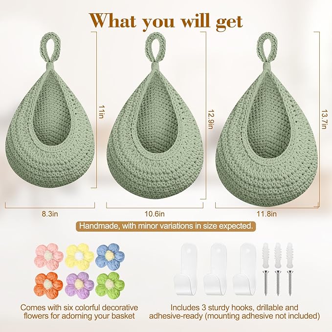 Boho Hanging Fruit Baskets for Kitchen with Hooks and Deco Flowers, 3 Pack handwoven Cotton hanging basket, Wall Basket for Vegetable Potato Onion Home Produce Storage (green)