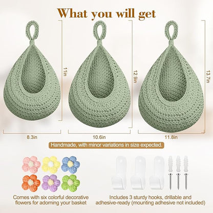 Boho Hanging Fruit Baskets for Kitchen with Hooks and Deco Flowers, 3 Pack handwoven Cotton hanging basket, Wall Basket for Vegetable Potato Onion Home Produce Storage (green)