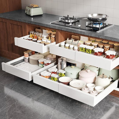 2 Pack Pull Out Cabinet Organizer Expandable Width(15"-25") and Depth(17"-24"),Slide Out Drawers With Raising Pad for Framed Cabinets,No Drill Roll Out Shelves for kitchen,Bathroom,White