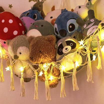 Stuffed Animal Toy Storage Hammock with LED Light-Macrame Jumbo Doll Room Corner Organizer Mesh Decoration-Hanging Storage Nets Kids Bedroom, (X-Large Size)