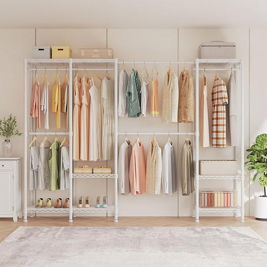 H7 Pro Heavy Duty Clothes Rack Large Garment Rack for Hanging Clothes, Freestanding Wardrobe Closet with Expandable Hanger Rods, Closet Organizer Storage, (79.1"-96.9") Lx15.7 Wx75.4 H, White