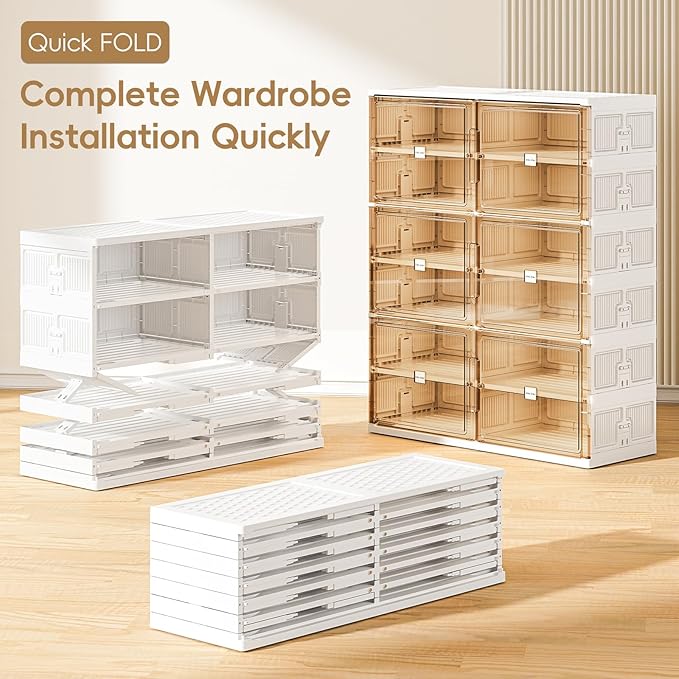 JEKO&JEKO 5-Tier Foldable Shoe Storage Box with Magnetic Doors, Large Stackable Shoe Organizer Cabinet for Entryway, Clear Front Door Shoe Boxes Hold Up to 20 Pairs (White)
