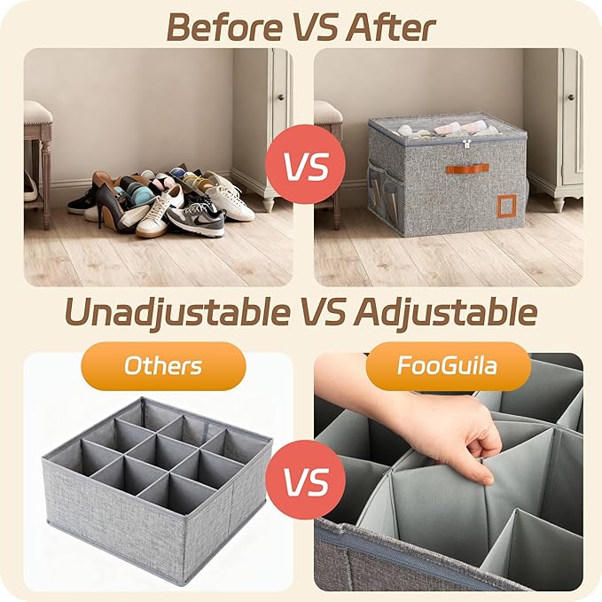 Shoe Organizer for Closet, 2 Pack Foldable Shoe Storage Organizer Box with Adjustable Dividers and Clear Cover, Space Saving Shoe Box with Reinforced Handles, Fits 16-32 Pairs, Gray