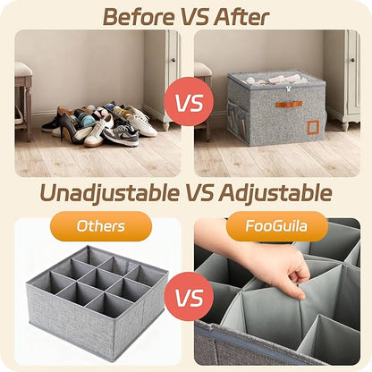 Shoe Organizer for Closet, 2 Pack Foldable Shoe Storage Organizer Box with Adjustable Dividers and Clear Cover, Space Saving Shoe Box with Reinforced Handles, Fits 16-32 Pairs, Gray