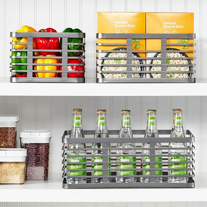 mDesign Steel Metal Wire Kitchen Food Storage Organizer Bin Basket for Pantry Organization - Wired Farmhouse Basket with Handle for Shelves - Carson Collection - 6 Pack, Dark Gray