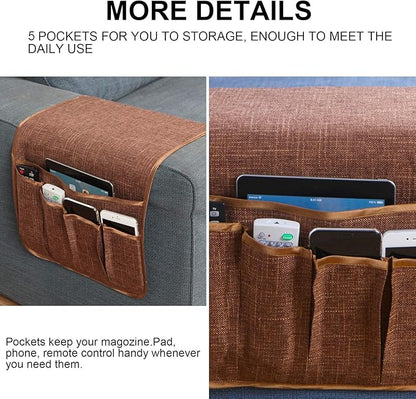 Sixyotie Sofa Armrest Organizer,Non-Slip Remote Control Holders for Recliner Couch,Chair Armchair Caddy with 5 Pockets for Table,Cell Phone,Ipad,Magazines,Books (13x35In, Coffee)