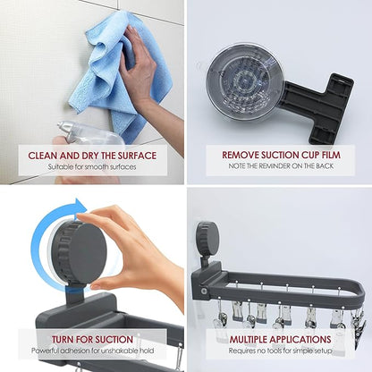 Foldable Laundry Drying Rack with 15 Clips, Wall Mount Suction Cup Hanger for Socks Undergarments Towels, Space Saving Clothes Organizer, Dark Grey