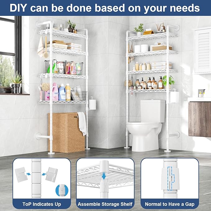 Roxibelt K3 Wall Mounted 4-Tier Over the Toilet Storage，Metal Above Toilet Storage with Paper Hook，Over Toilet Bathroom Organizer with Adjustable Shelf，Above Toilet Rack 9.7"D x 25.6"W x 74.3"H，White