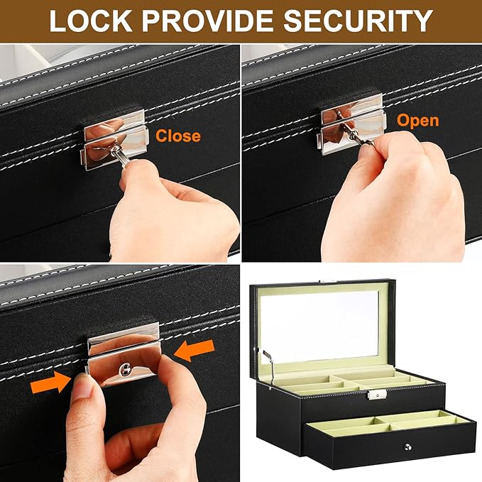 PATIKIL Sunglasses Organizer for Women Men, 12 Slot Leather Eyeglass Display Case Holder with Drawer Double-Layer Eyewear Storage Box, Black