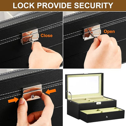 PATIKIL Sunglasses Organizer for Women Men, 12 Slot Leather Eyeglass Display Case Holder with Drawer Double-Layer Eyewear Storage Box, Black