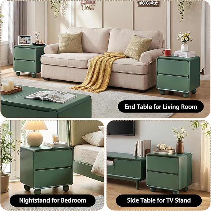 AVZEAR Small Night Stand with 2 Drawers, Mid Century Modern Nightstands with Solid Wood Legs, 2 Drawer Dresser Curved Profile Design End Table Side Table for Small Space, Dorm, Bedroom(Green)