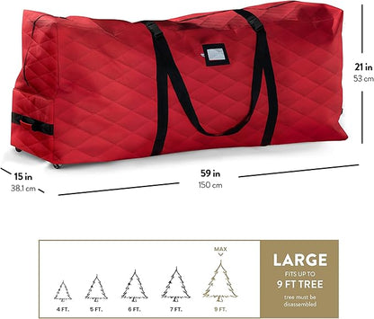 ZOBER 600D Oxford Fabric Large Rolling Christmas Tree Storage Bag - Fits 9 Ft Artificial Trees - Waterproof Christmas Tree Bag For Storage Box For Xmas, Durable Handles and Wheels - Quilted Red