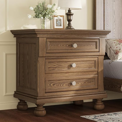 AMERLIFE Fully Assembled Nightstand, Solid Wood End Table with 2 Storage Drawers, 26" Extra Large Traditional Bedside Cabinet for Bedroom, Light Brown