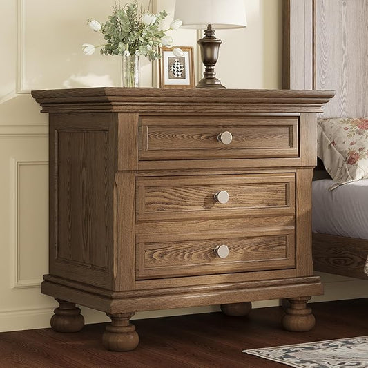 AMERLIFE Fully Assembled Nightstand, Solid Wood End Table with 2 Storage Drawers, 26" Extra Large Traditional Bedside Cabinet for Bedroom, Light Brown