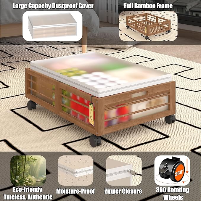 Bamboonova Bamboo Underbed Storage Containers with Wheels & Bag 2 Pack, Large Under Bed Rolling Storage Bins Wood Under Bed Clothes Storage Stackable Drawers for Bedroom Closet Under Crib Toy(Walnut)