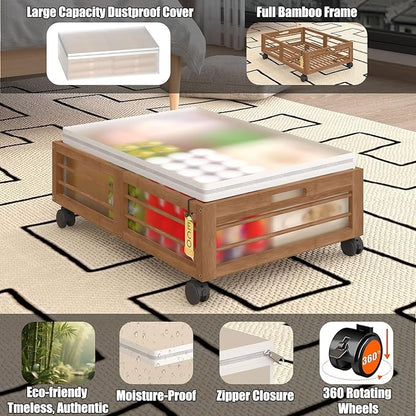 Bamboonova Bamboo Underbed Storage Containers with Wheels & Bag 2 Pack, Large Under Bed Rolling Storage Bins Wood Under Bed Clothes Storage Stackable Drawers for Bedroom Closet Under Crib Toy(Walnut)