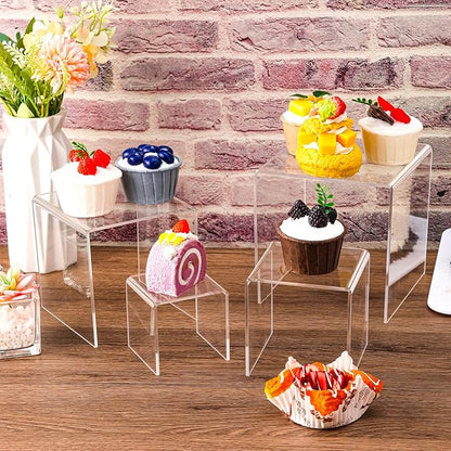 8 Pcs Square Acrylic Display Risers, 2 Sets 4 Sizes Tall Acrylic Risers Display Stands, 0.12" Thick Clear Risers for Displays, Clear Display Shelf for Figure Action Jewelry Showcase