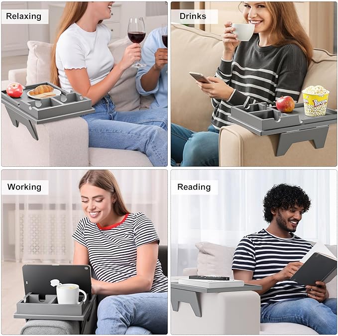 Bamboo Couch Cup Holder Tray - 2 in 1 Couch Armrest Table with Be Slide-Away Detachable Double Holder - Sofa Armchair Caddy for Drinking Snacks iPad TV Remote (Gray)