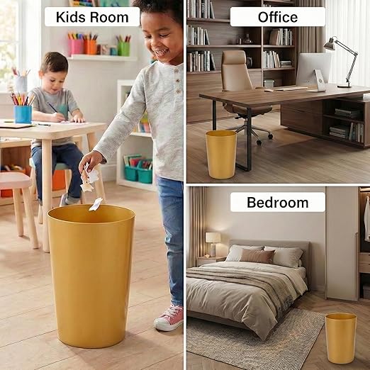 Mini Waste Basket - Pack of 2 Durable Small Plastic Garbage Trash Can Bin - Lidless Open-Top, Slim Profile for Compact Spaces - Suitable for Home, Bathroom, Office, Bedroom & More, Soft Brass