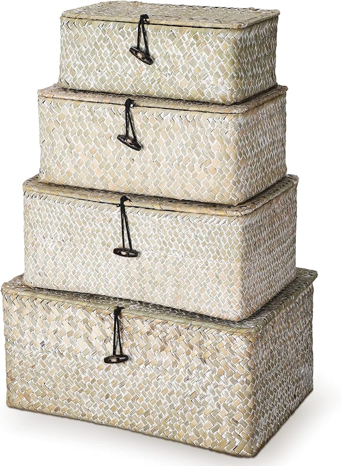 Woanger Set of 4 Wicker Storage Baskets Organizer，Handwoven Storage Bins with Lid for Organizing, Home Utility Box for Home Office Supplies Multipurpose Container(White)