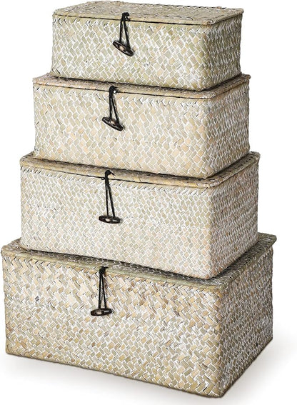 Woanger Set of 4 Wicker Storage Baskets Organizer，Handwoven Storage Bins with Lid for Organizing, Home Utility Box for Home Office Supplies Multipurpose Container(White)