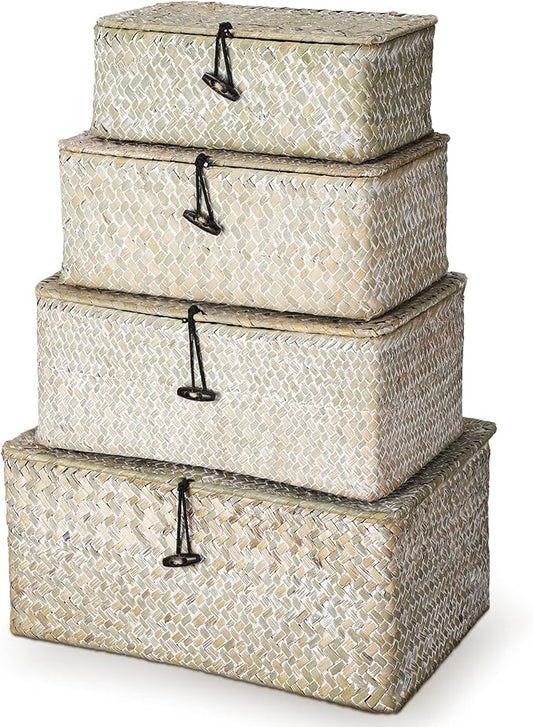 Woanger Set of 4 Wicker Storage Baskets Organizer，Handwoven Storage Bins with Lid for Organizing, Home Utility Box for Home Office Supplies Multipurpose Container(White)