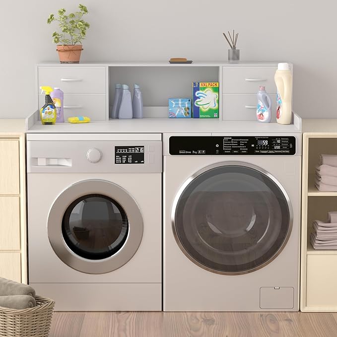 Washer and Dryer Countertop, 27.5“ D x 53.9“ W x 12.9“ H Solid Wood Washer and Dryer Countertop with Organizer Shelves with Four Drawers for Laundry Room Organization (White)