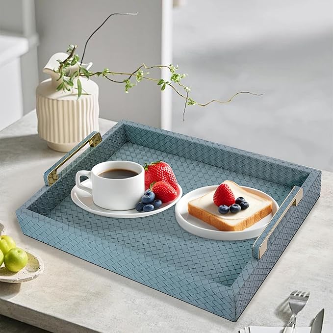 Decorative Serving Tray for Ottoman Coffee Table, 16"x12" Large Rectangular Tray Leather Serving Trays with Gold Polished Metal Handles - Home Decor - Blue