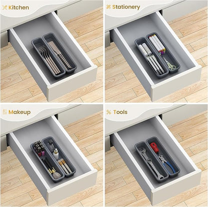 2 Pack Silicone Silverware Drawer Organizer, DIY Free Combination Kitchen Drawer Organizer, Utensil Organizer, Moisture-proof and Heat-resistant up to 200°C, Anti-slip and Environmentally (Grey)