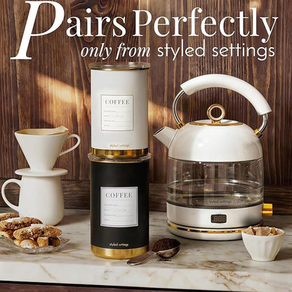 STYLED SETTINGS Vacuum Coffee Canister with Airtight Lid – Dual-Lid Airtight Coffee Canister with Scoop and Label for Beans and Grounds, Food Storage Container -White and Gold Kitchen Accessories