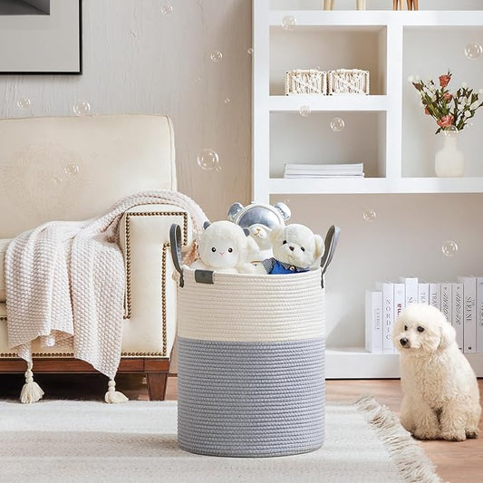 VIPOSCO Tall Laundry Basket, Large Dirty Clothes Hamper with Leather Handle, Woven Rope Storage Basket for Blanket, Toy In Living Room, Bathroom, Bedroom - 53L Grey & White
