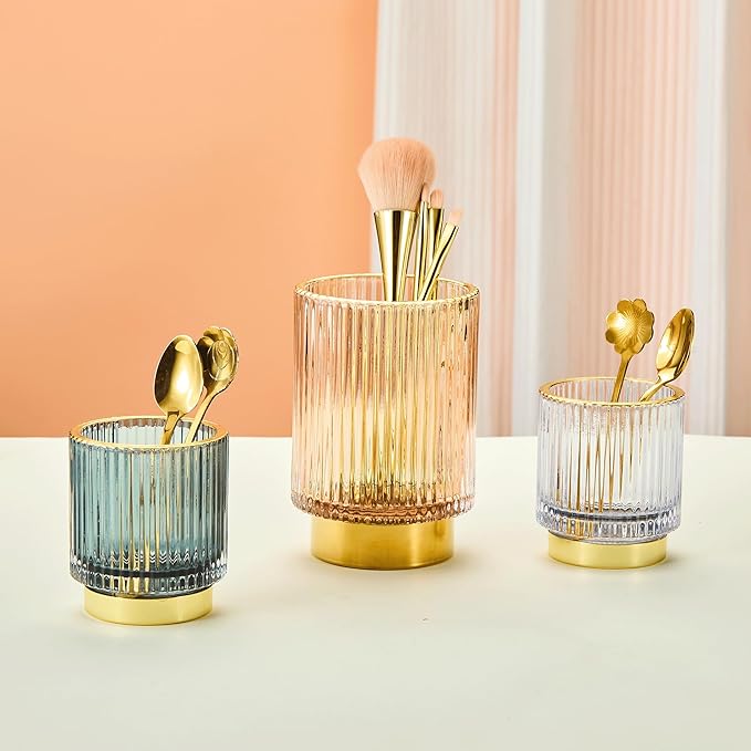 LEICURACE Makeup Brush Holder Organizer,Toothbrush Holders,Desk Pen Pencil Holder,Multifunctional Vintage Glass Brush Cup(A3-27-US)