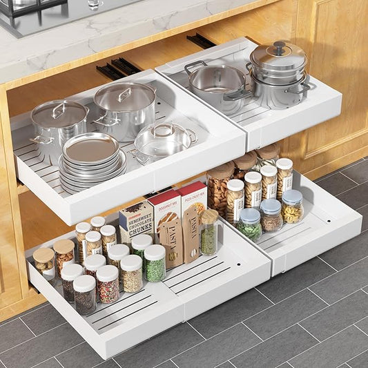 KLKE Pull Out Cabinet Organizer, Width Expandable (11.7"-19.7") Heavy Duty Slide Out Drawers Fixed with Adhesive Nano Film for Pots, Roll Out Shelf Storage For Kitchen,Pantry,Garage,Bathroom Storage