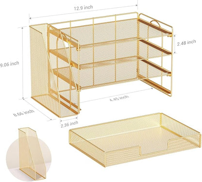 OPNICE Desk Organizer, 4-Tier Desktop File Organizer with Drawer and 2 Pen Holders, Office Desk Accessories, File Sorters, Workspace Organizers for Office Supplies(Gold)