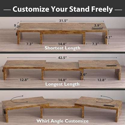 BONTEC Dual Monitor Stand Riser with Smartphone Holder, Adjustable Length & Swivel Angle, Ergonomic Wooden Desktop Organizer for PC Monitor, Laptop, Printer, Large Storage, Rustic Brown