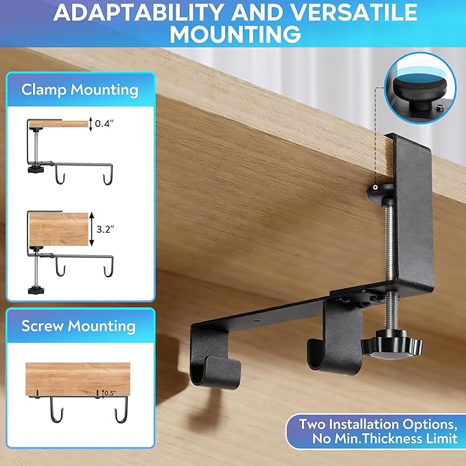 Fabric Under Desk Cable Organizer - Desk Cord Organizer with 20-Piece Cable Management Kit, Easy Installation with Clamp or Screw Mount for Standing Desk Cable Management, Home and Office