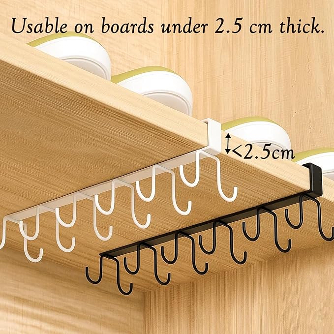 2 Pack Under Cabinet Hook Rack, 12-Hook Double Row Metal Hanging Organizer for Kitchen Utensils, Mugs, Closet Accessories, No Drill Shelf Hanger – Black & White