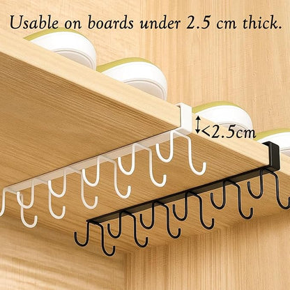 2 Pack Under Cabinet Hook Rack, 12-Hook Double Row Metal Hanging Organizer for Kitchen Utensils, Mugs, Closet Accessories, No Drill Shelf Hanger – Black & White