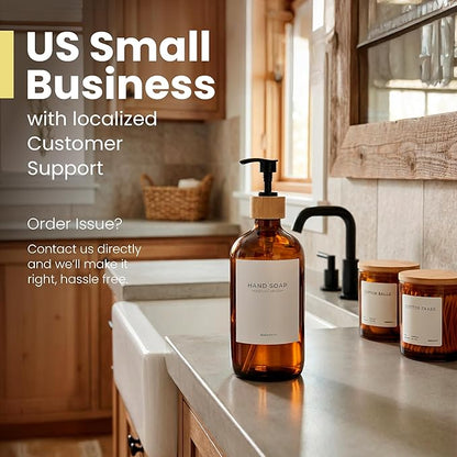 MaisoNovo Glass Hand Soap Dispenser | Dish Soap Dispenser for Kitchen | 16.9oz Amber Bottles with Black Bamboo Pump | Bathroom Lotion Dispenser